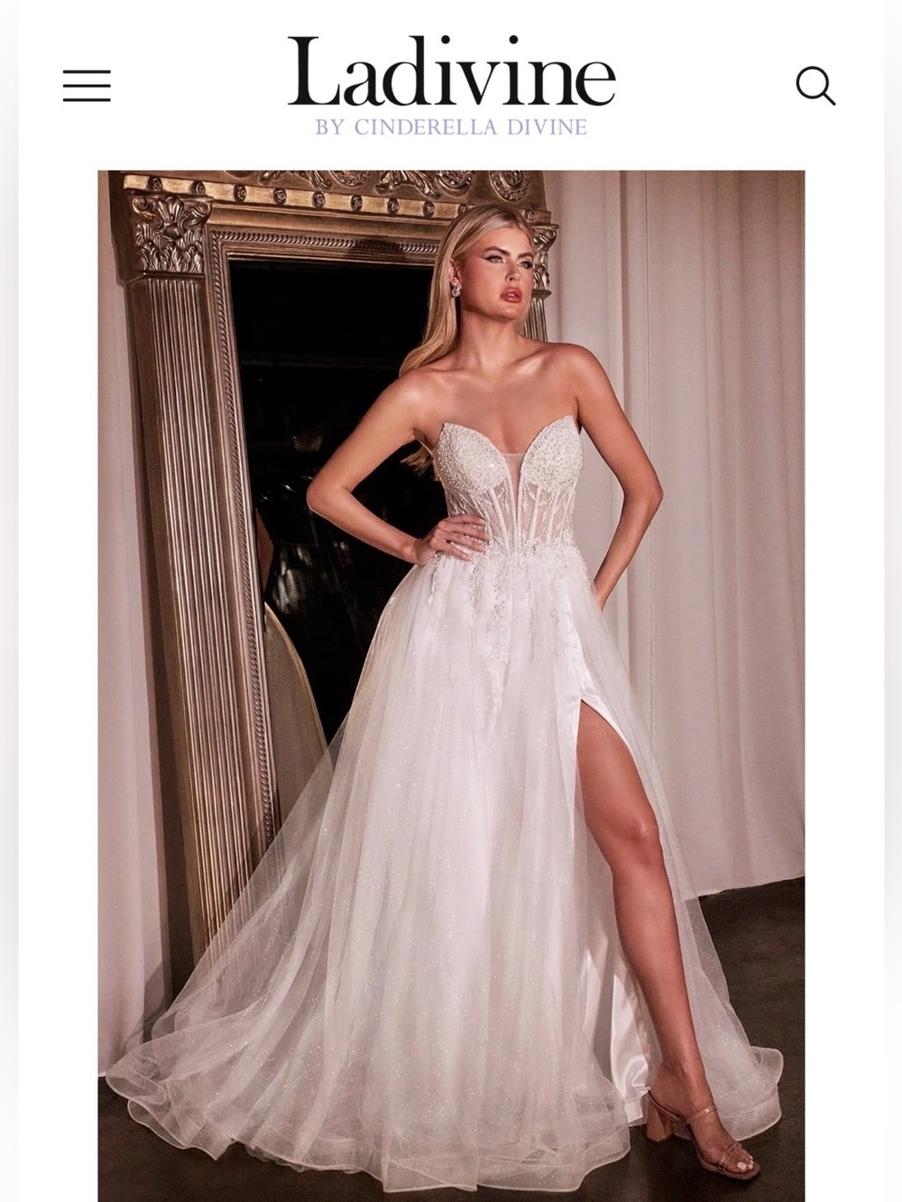 Ladivine Wedding Gown-Strapless White Bridal Gown with Sheer Bodice